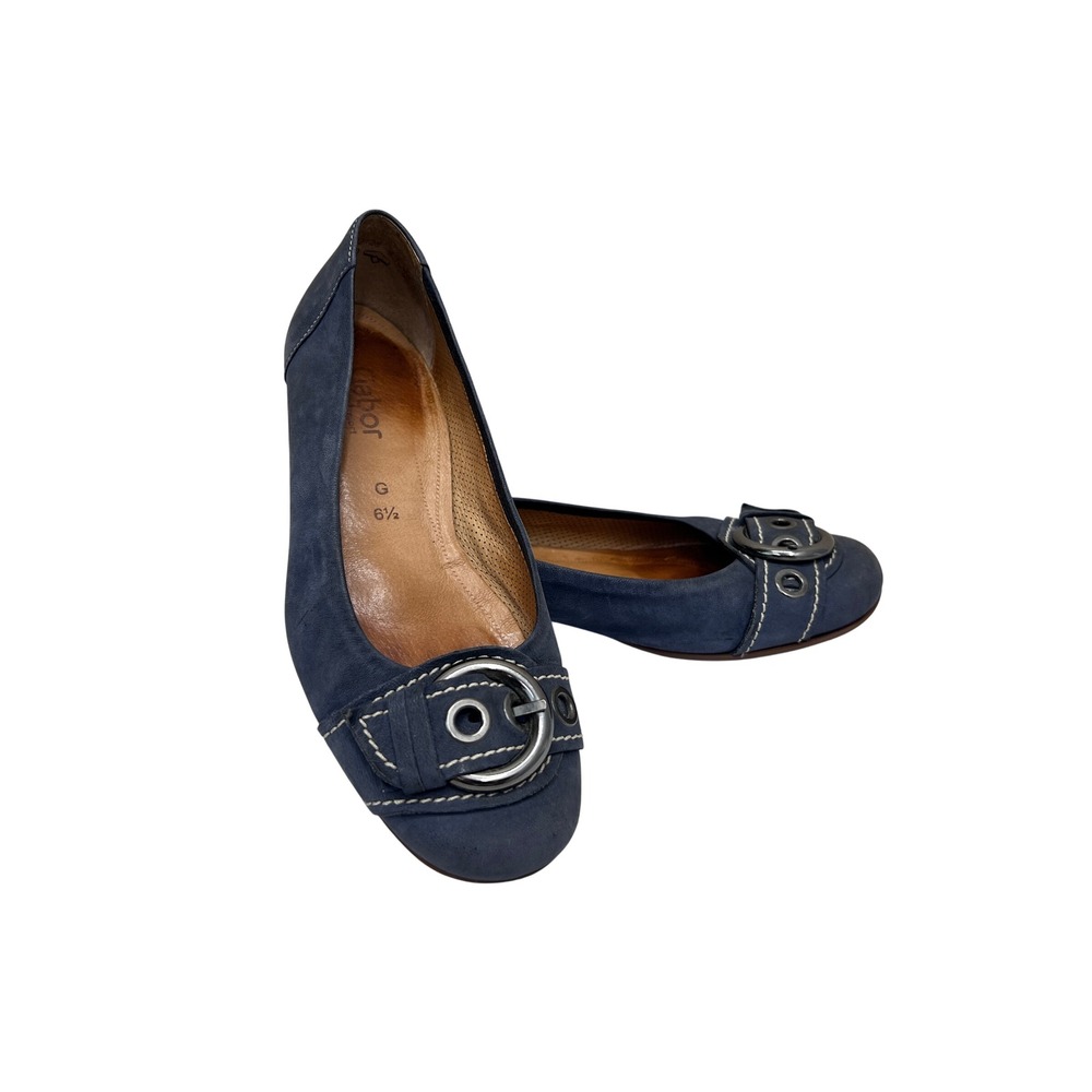 Gabor Comfort Ballet Flats Womens 6.5 Blue Good Nubuck Leather Buckle Round Toe